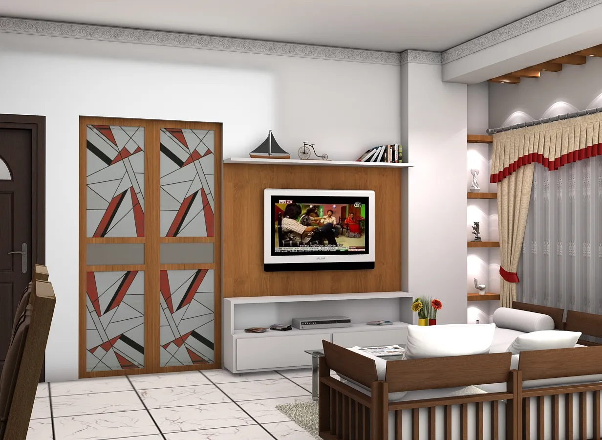 Media Wall and Geometric Glass Door Living Room