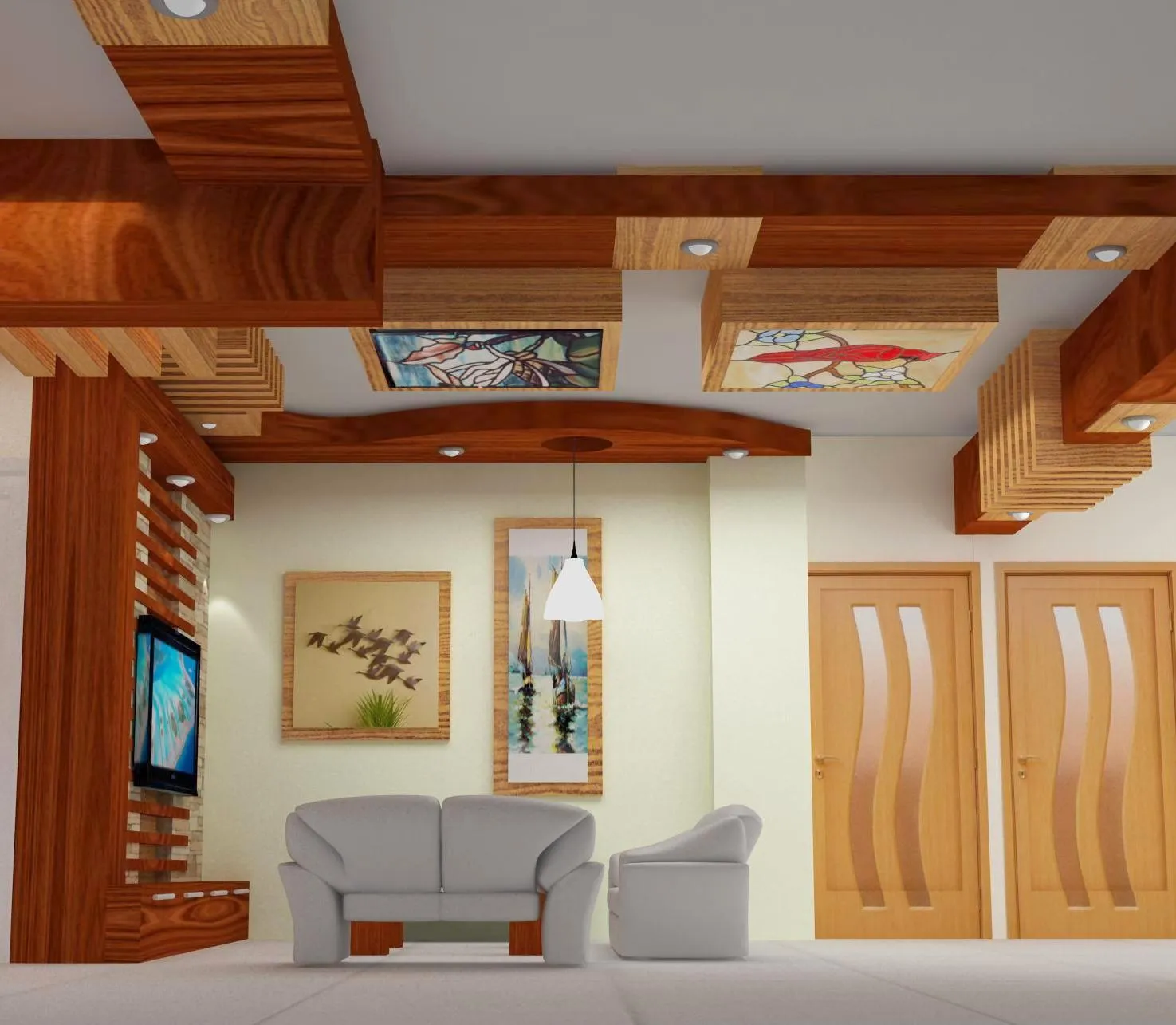 Rich Wood Ceiling Stained Glass Living Room