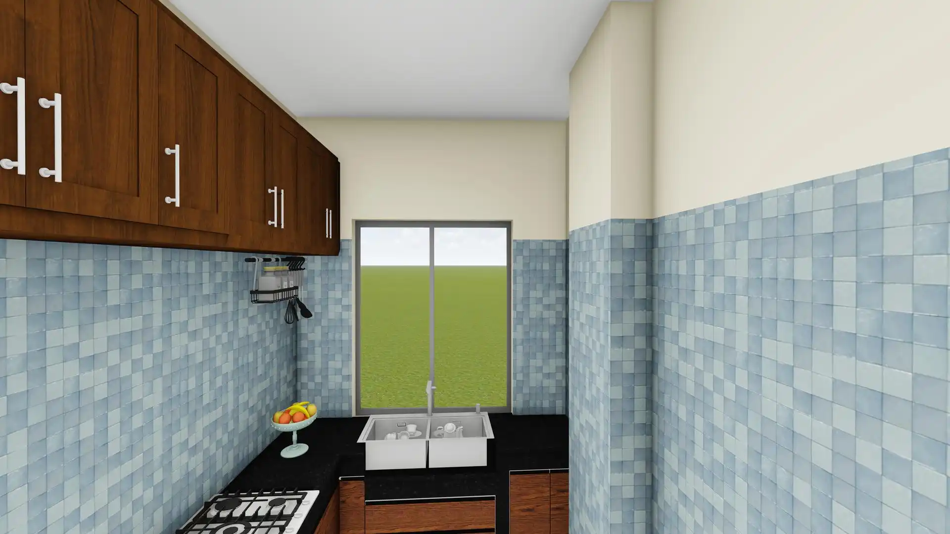 Compact Galley Kitchen with Blue Mosaic Tiles